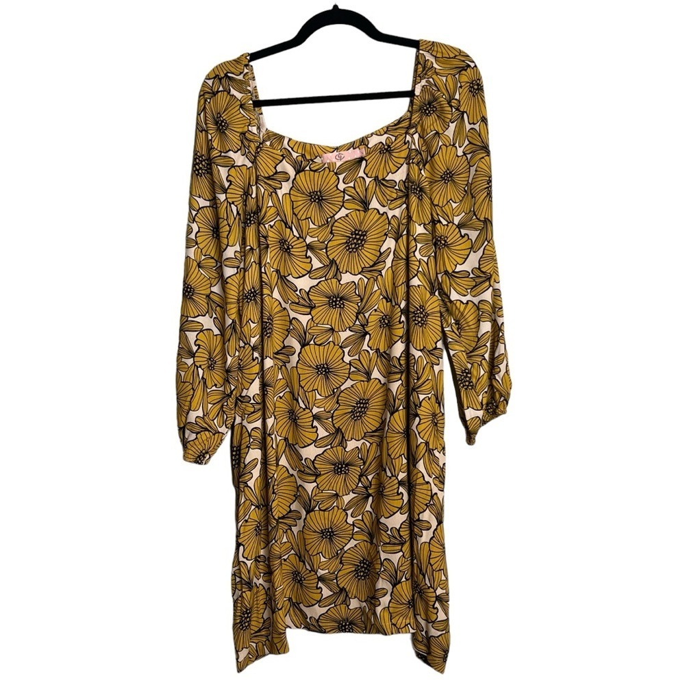 TP Womens Shift Dress Square Neck Yellow Floral 3/4 Sleeve Lightweight Size L